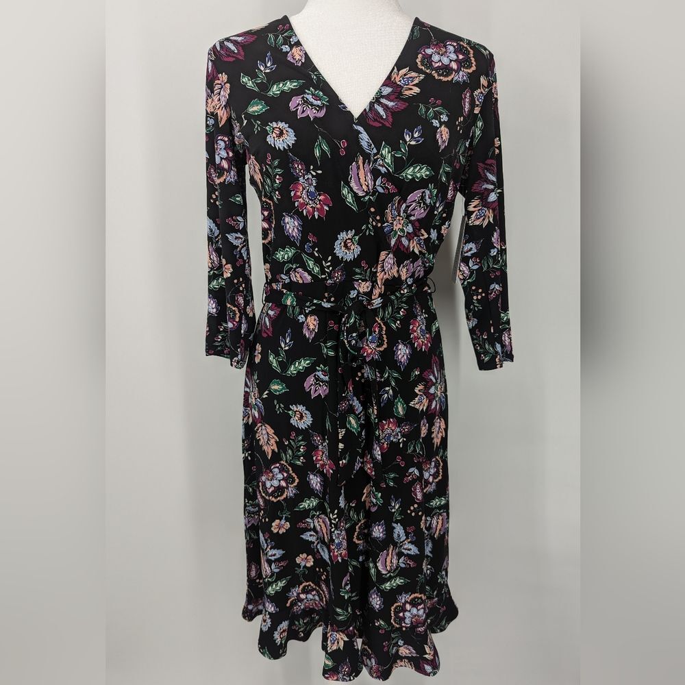 Leota Stitch Fix Exclusive Black Colorful Floral Faux Wrap Dress Medium NWT